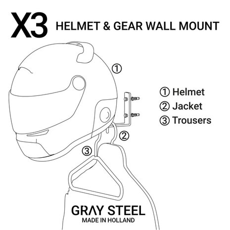 Gray steel X3 helmet & gear wall mount Gun Metal