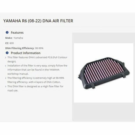 DNA high performance filter Yamaha R6 '08-'25