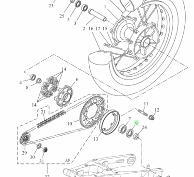 Keerring achterwiel rechts origineel diverse Yamaha modellen 93102-28022