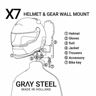 Gray steel X7 helmet & gear wall mount Matt Black